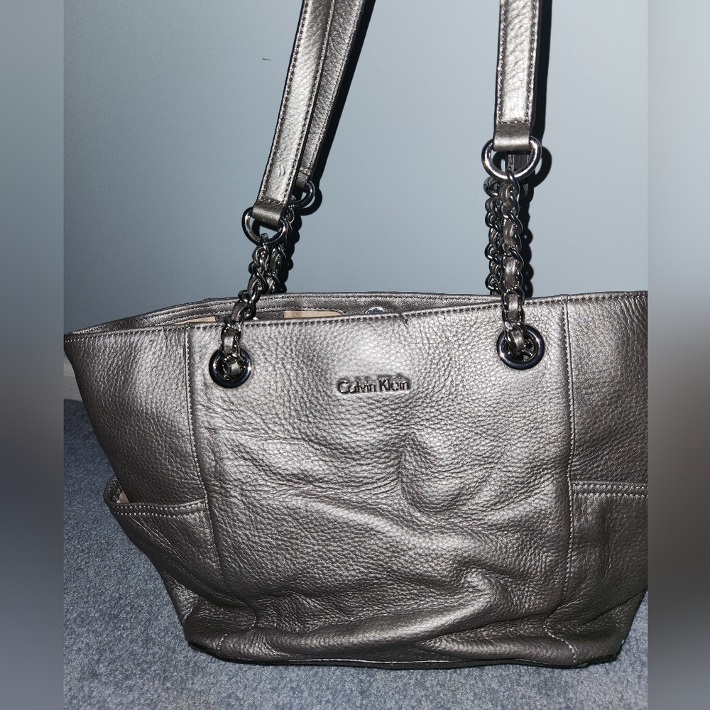 NWT Calvin Klein Metallic Silver Leather Tote Bag